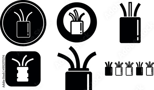 Flat design cable bundle icon set multiple silhouettes close up top view connectors in black and white minimal vector icons