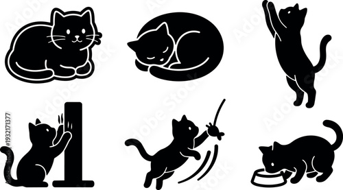 Minimalist silhouette cat icon set showing sleeping stretching pouncing scratching and eating poses in flat vector playful collection
