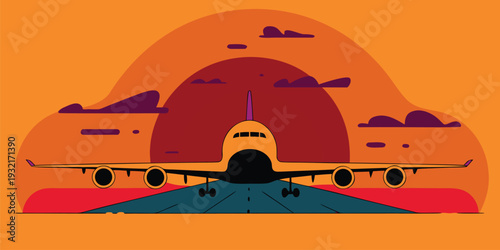 Commercial airplane preparing for takeoff on a runway against a vibrant orange and red sunset sky