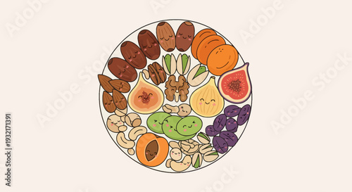 Cute assorted dried fruits and nuts platter with kawaii faces illustration in cartoon style for healthy snack and dessert concept