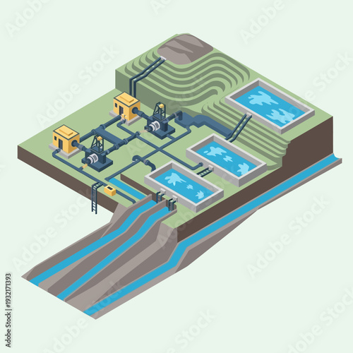 Isometric illustration of a hydroelectric power plant with water flow and machinery.