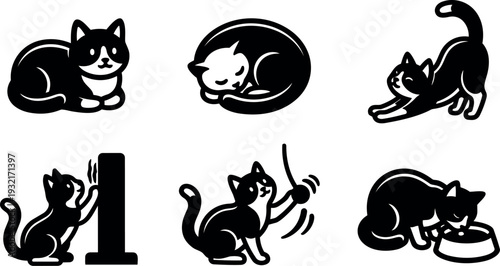 Minimalist flat design cat icon set six poses sleeping curled stretching playing near bowl scratching post pawing toy eating grooming