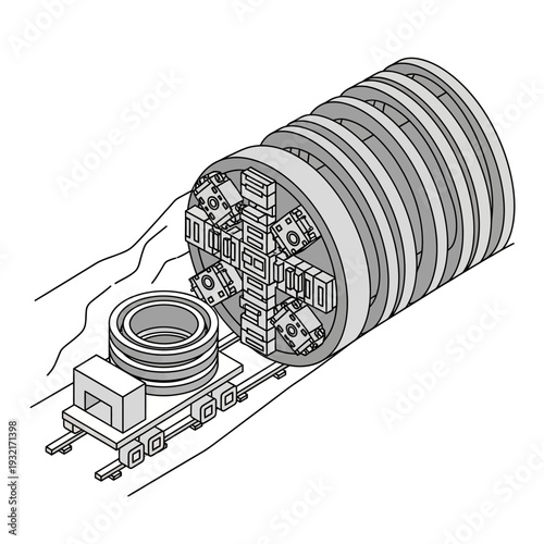 Detailed technical drawing of a cylindrical industrial machine component with internal mechanisms.