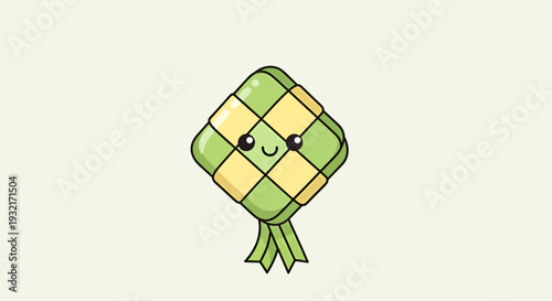 Cute cartoon ketupat illustration featuring traditional woven pattern cheerful expression and soft pastel colors for festive designs