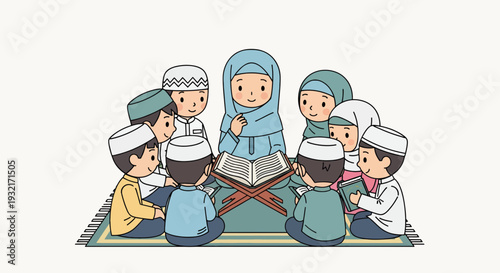 Cute cartoon illustration of a female teacher in hijab reading the Quran to a group of Muslim children sitting on a rug