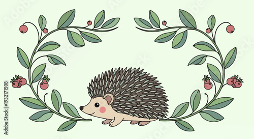 Cute cartoon hedgehog nestled in wreath of green leaves and red berries illustration framed for decoration or invitation design