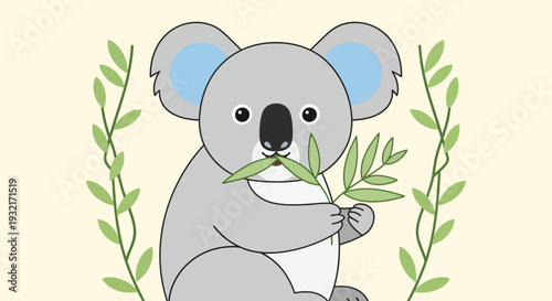 Cute cartoon koala bear eating eucalyptus leaves in a charming illustration style against a light yellow background for children's designs