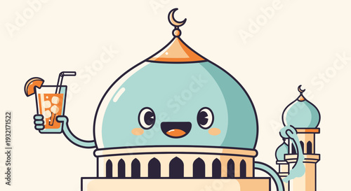 Cute cartoon mosque character holding summer drink with straw vector illustration for Ramadan and Islamic holiday design