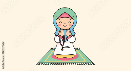 Cute cartoon Muslim girl praying on a rug with tasbih beads in hand whimsical style soft color palette religious observance Islamic tradition