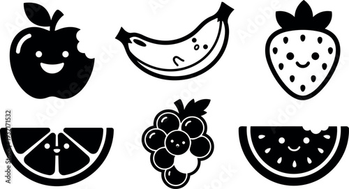 Flat design smiling fruit icon set close up black silhouettes apple banana strawberry orange grapes watermelon on white minimal background