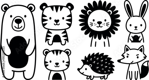 Whimsical kids doodle line art cute forest animals set including bear tiger lion rabbit fox hedgehog kitten smiling black white