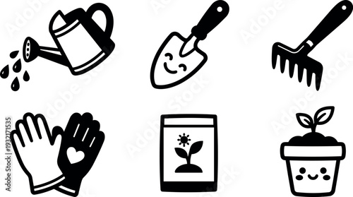 Hand drawn black gardening icon set watering can trowel rake gloves seed packet potted plant flat vector minimalist ink style