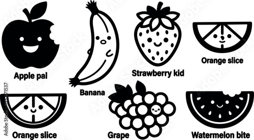 Minimalist icon kawaii fruit faces set close up apple smiling banana winking strawberry orange slice grape watermelon bite flat vector