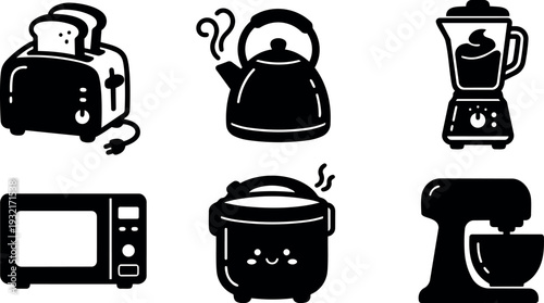 Flat vector kitchen appliance icon set showing toaster kettle blender microwave rice cooker and mixer in black silhouette close up