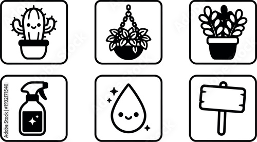 Line art plant care icon set showing potted cactus hanging basket spray bottle watering drop sign and succulent close up