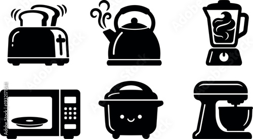 Flat design close up kitchen appliance icons set toaster kettle blender microwave rice cooker stand mixer black silhouettes front view