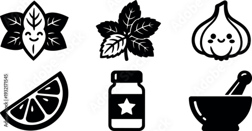 Flat design spice and herb icon set close up top view garlic lemon jar mortar pestle basil leaf mint vector