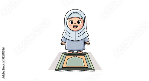 Cute cartoon Muslim girl standing on prayer rug ready for Salah in vector illustration; religious concept isolated design element