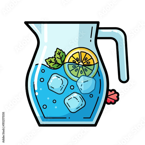 A cartoon illustration of a glass pitcher filled with blue lemonade, ice, lemon, and mint leaves, perfect for a refreshing summer drink.