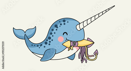 Cute cartoon narwhal eating squid vector illustration; adorable sea creature with tusk holding prey in mouth against simple background