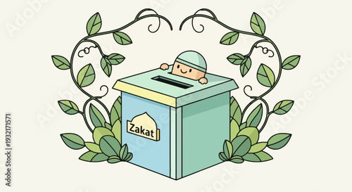 Cute cartoon of a religious boy donating zakat into a donation box with foliage around in vector style