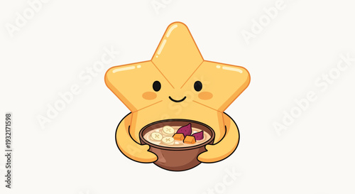Cute cartoon star holding a bowl of healthy breakfast cereal with banana slices and sweet potato chunks in a kawaii style