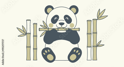 Cute panda holding bamboo shoot surrounded by bamboo stalks in cartoon illustration style against cream background suitable for children's content