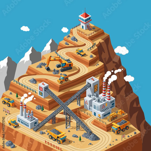 Isometric illustration of a mining operation on a mountainous terrain with various machinery and infrastructure.