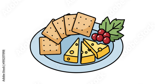 Delicious cheese wedges crispy crackers and juicy grapes on a plate in a cartoon style illustration for food themes