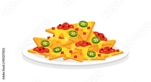 Delicious cheesy nachos on a white plate a colorful and appetizing Tex-Mex snack with jalapenos and salsa perfect for sharing and snacking