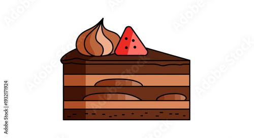 Delicious chocolate cake slice with creamy topping and strawberry garnish in vector illustration style for dessert themes