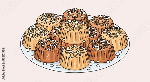 Delicious maamoul cookies with intricate floral decoration golden brown color served on a white plate in a studio setting ready for dessert menus