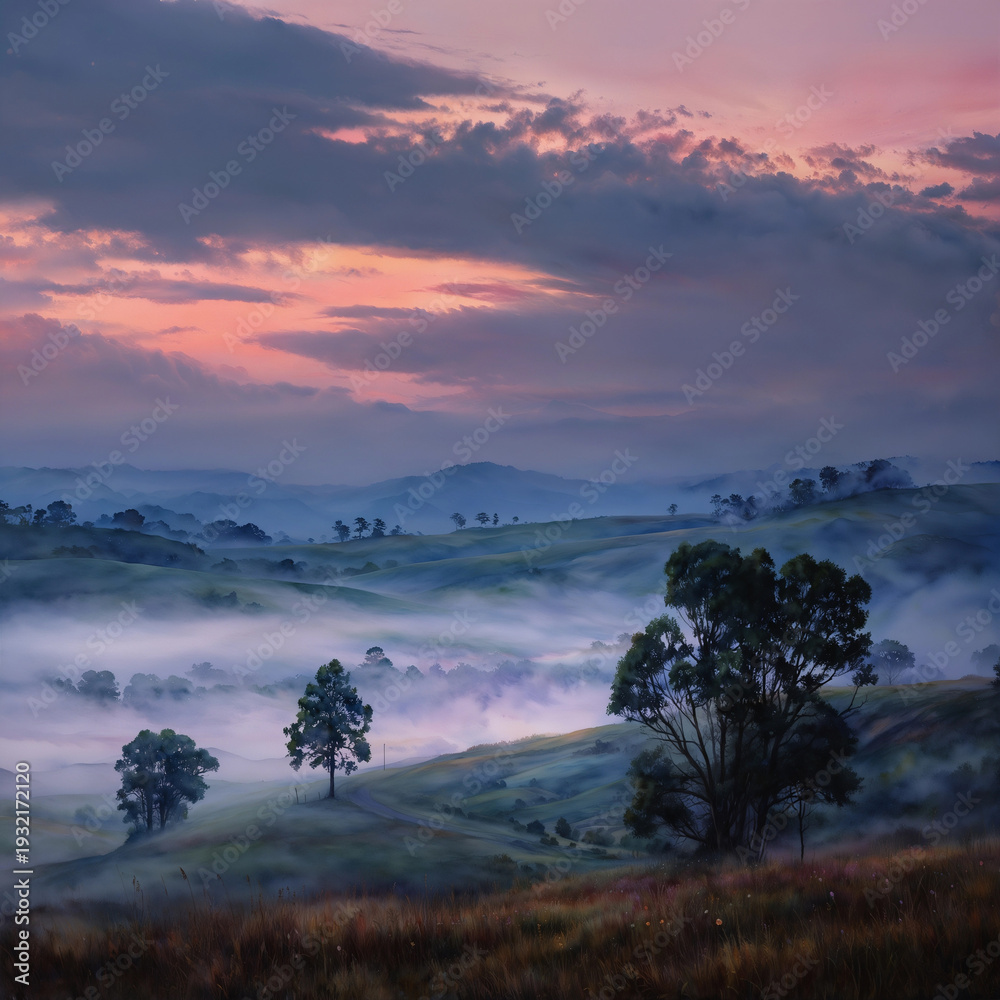 Naklejka premium Misty Valley at Dawn Watercolor Landscape Illustration