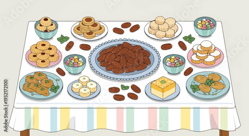 Festive assortment of Middle Eastern sweets and dates displayed on a table with colorful striped tablecloth prepared for traditional celebration
