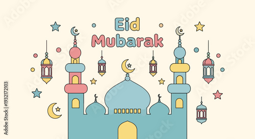 Festive Eid Mubarak illustration featuring a colorful mosque crescent moons stars and traditional lanterns against a light cream backdrop