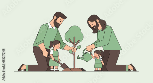 Father and father helping their daughters plant a tree in an illustration style; teaching about nature family time and togetherness