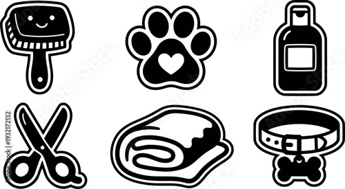 Flat design pet grooming icon set close up paw brush scissors towel shampoo bottle collar bone vector sticker sheet monochrome