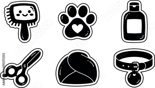 Minimalist sticker vector icons close up pet grooming set paw shampoo scissors collar bed brush high contrast flat design monochrome