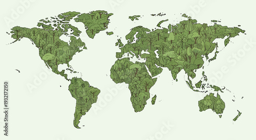 Forested world map showcasing global biodiversity and conservation efforts illustrating environmental awareness sustainable ecology on a white background