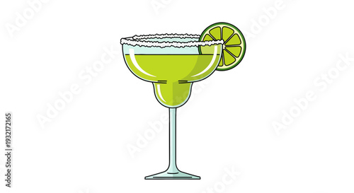 Fresh margarita vector illustration with salt rim and lime garnish; refreshing alcoholic cocktail drink graphic for summer party invitations