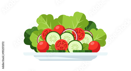 Fresh salad with tomato cucumber lettuce and onion served on a white plate in vector illustration style perfect for healthy diet promotion