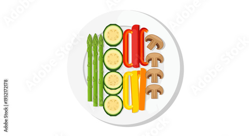 Fresh vegetable platter with asparagus zucchini slices bell pepper sticks and brown mushrooms arranged on a white dish for snacking and appetizers