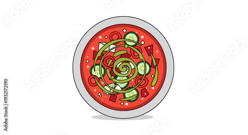 Gazpacho soup artful presentation in a modern bowl vibrant red hues garnished with fresh green herbs and cucumber slices vector illustration