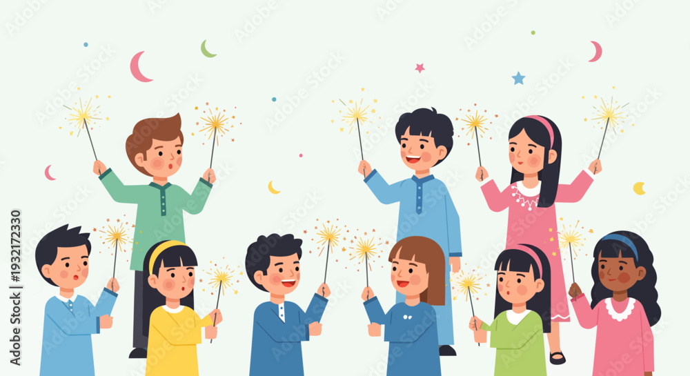 Fototapeta premium Group of happy kids celebrating Eid or other festive occasion holding sparklers wearing traditional clothing cartoon illustration