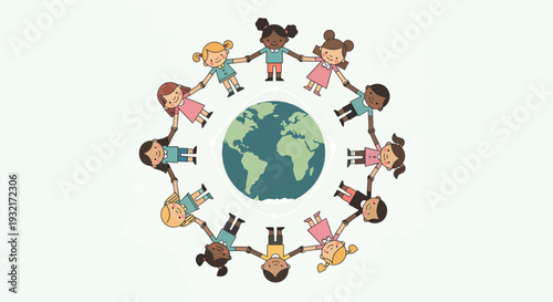 Group of diverse children holding hands around world globe illustration in cartoon style representing unity and global community for social issues concept