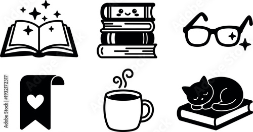 Minimalist line art library icon set with open book sparkling stacked books glasses bookmark coffee mug and cat on book