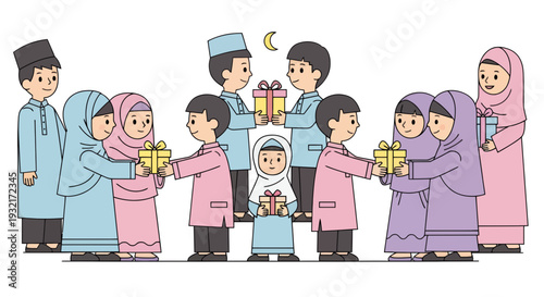 Group of muslim children in traditional clothing exchanging gifts on Eid al-Fitr in cartoon illustration style; pastel colors