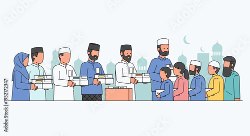 Group of Muslims Giving Zakat Donations to Children in Mosque Illustration; Religious Giving Ramadan Eid al-Adha in Vector