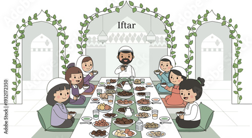 Group of Muslim people breaking fast (Iftar) together at home cartoon style illustration in bright and cheerful colors for Ramadan holiday celebration
