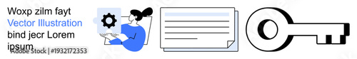 Business operations, digital security, data access, system management, document processes, online safety. Woman holding gear, document template key icon. Digital security and business operations